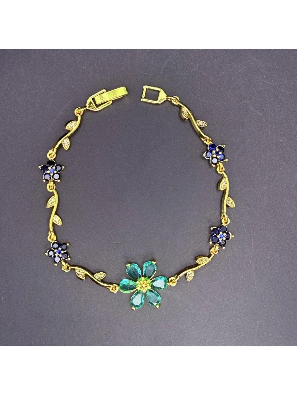 candy+clover teal green and blue sakura flower vine gold tone bracelet